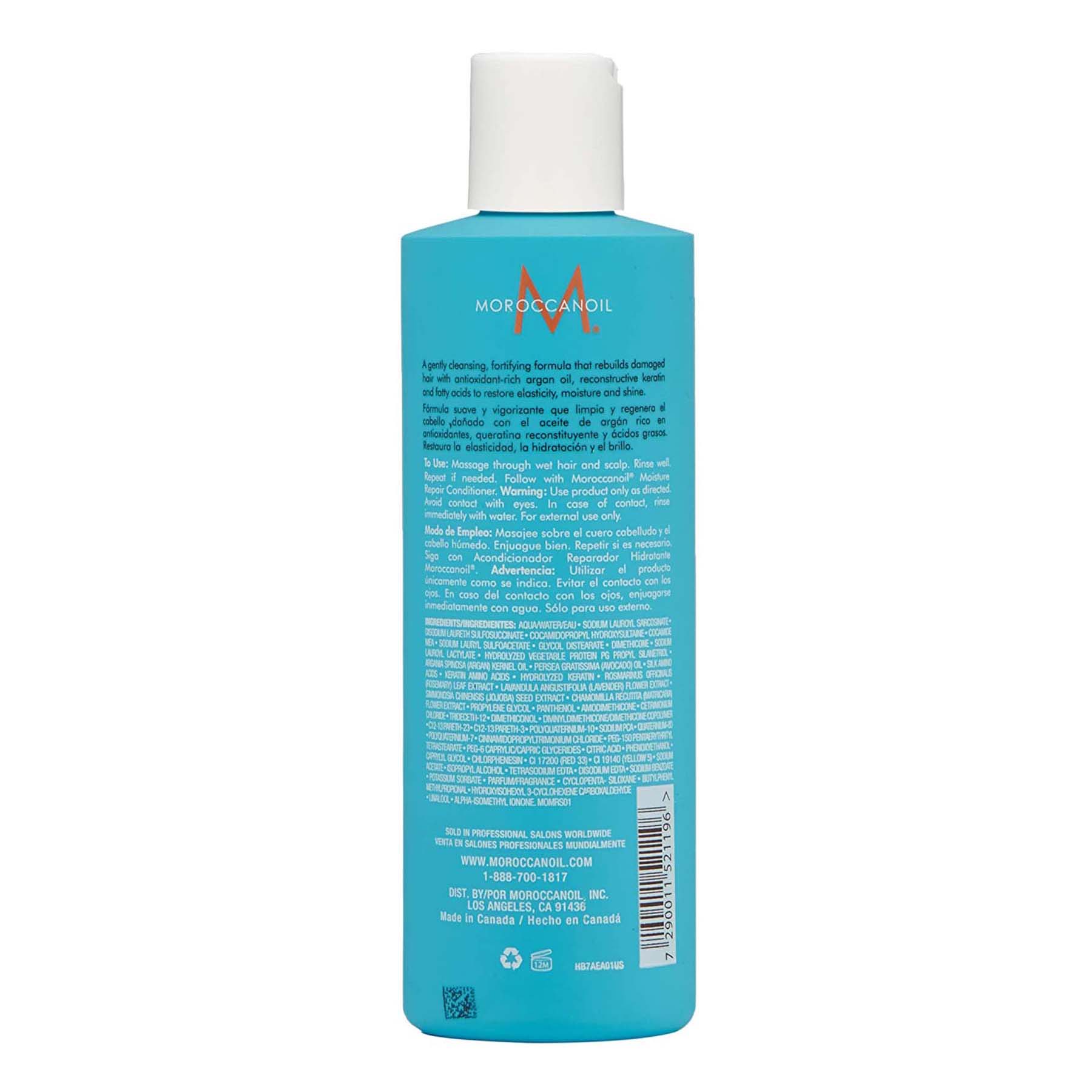 Back facing of Moroccanoil Moisture Repair Shampoo, 8.5 Fluid Ounces / 250 Milliliters.