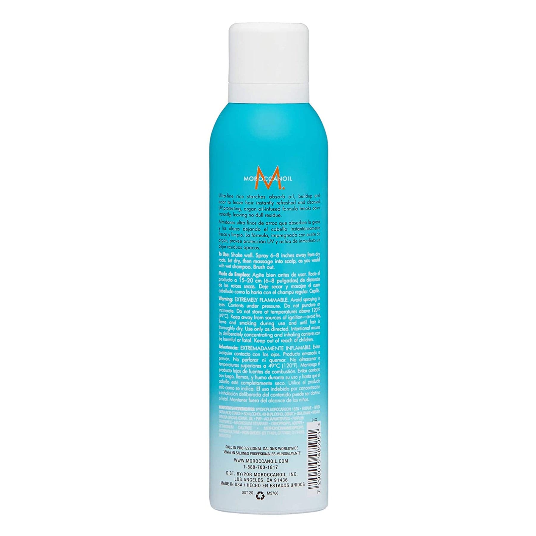 Moroccanoil Dry Shampoo Dark Tones back facing, 5.4 Fluid Ounces / 205 Milliliters.