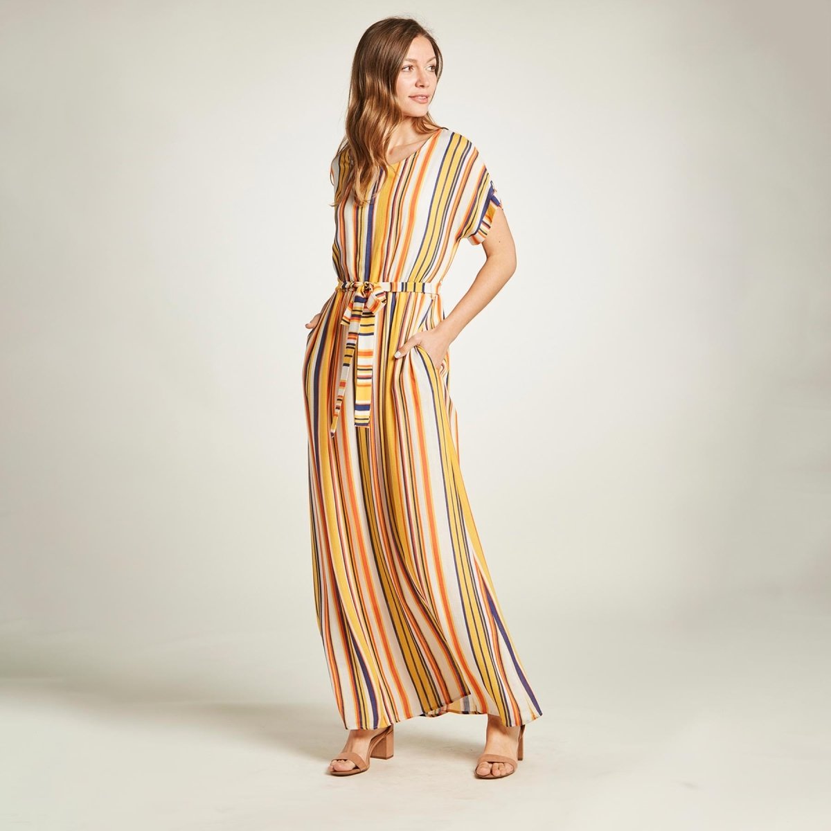 Orange Creek Round Neck Striped Maxi Dress Mustard / Large