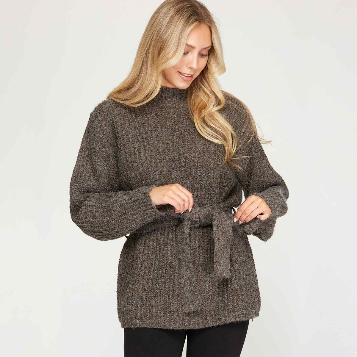 She + Sky Long Sleeve Knit Sweater Top with Waist Tie Detail - Kija Hair Salon