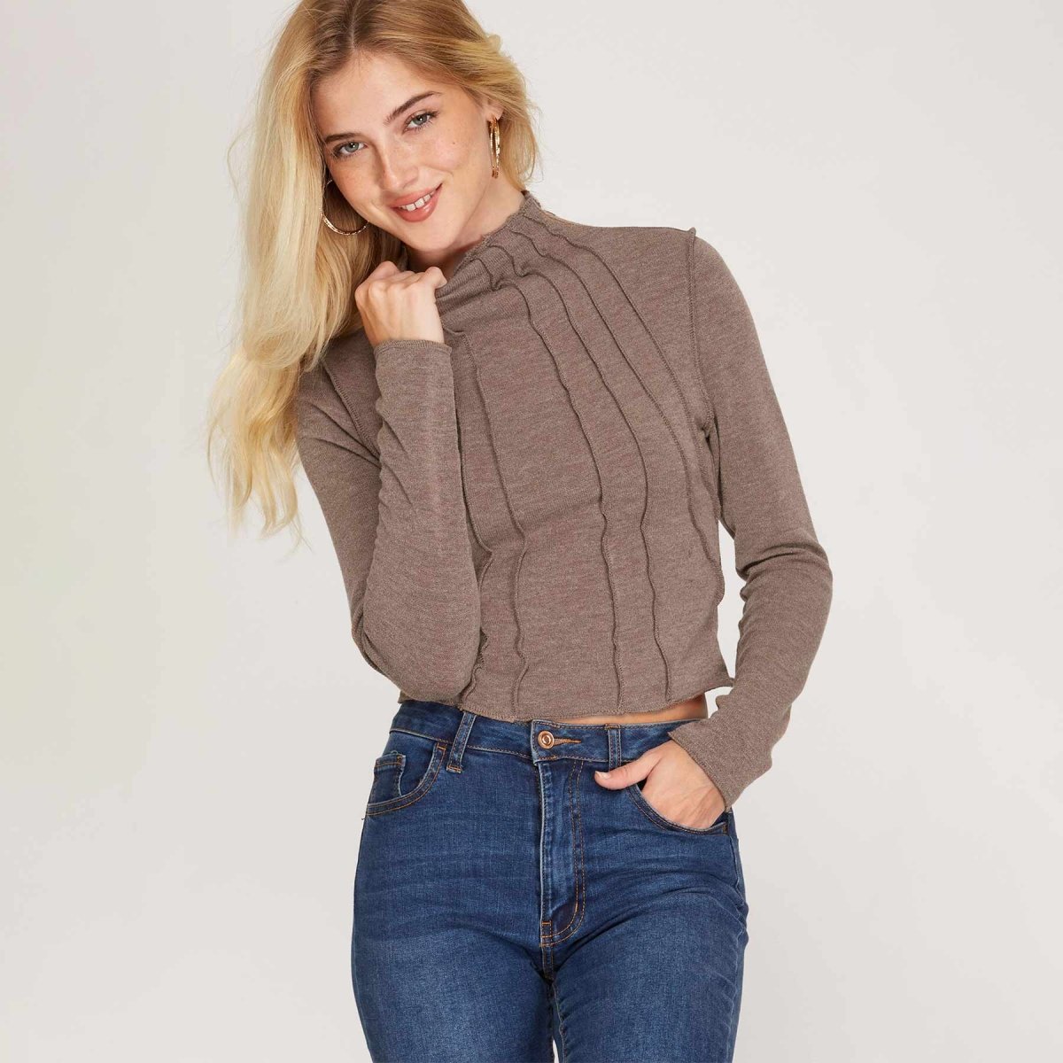 She + Sky Long Sleeve Knit Top with Overlock Seam Trim Detail - Kija Hair Salon