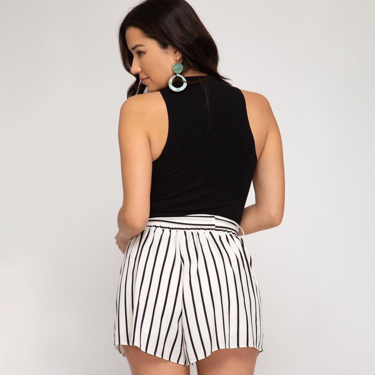 She + Sky Woven Striped Shorts with Pockets and Lining - Kija Hair Salon