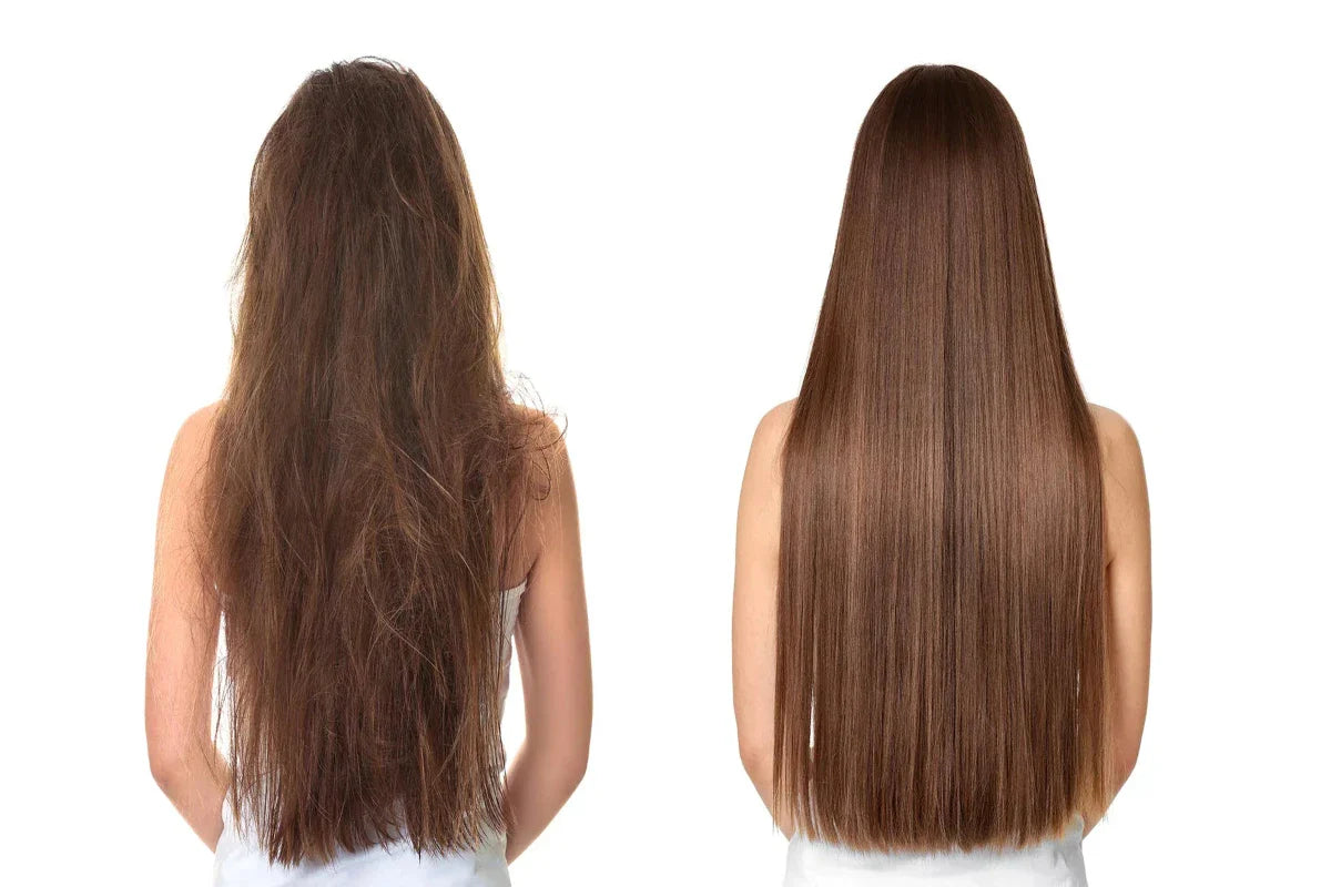 Before and after hair repair: long brown hair shown dry and frizzy on the left, smooth and glossy on the right — Kija Hair Salon, Irvine