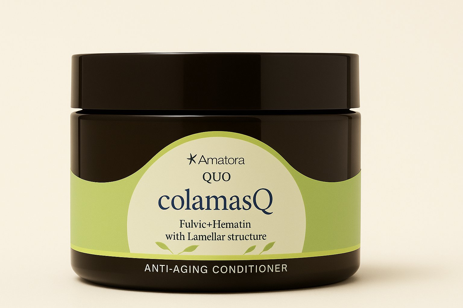 Jar of Amatora QUO colamasQ Anti-Aging Conditioner on a clean background, showcasing its elegant packaging and green label design.
