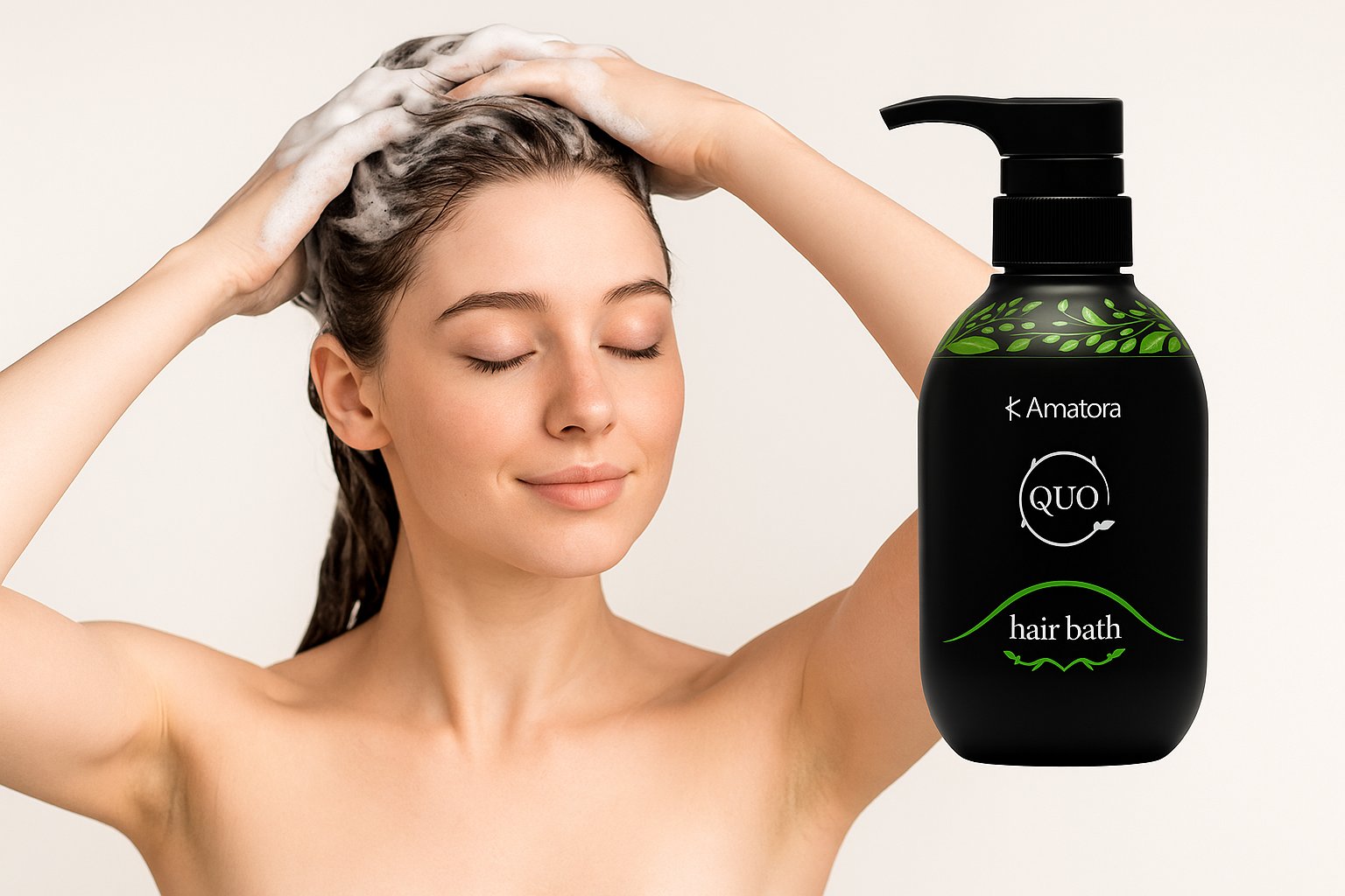 A woman shampooing her hair with Amatora QUO Hair Bath, holding the black bottle with green botanical design in a bright, clean setting.