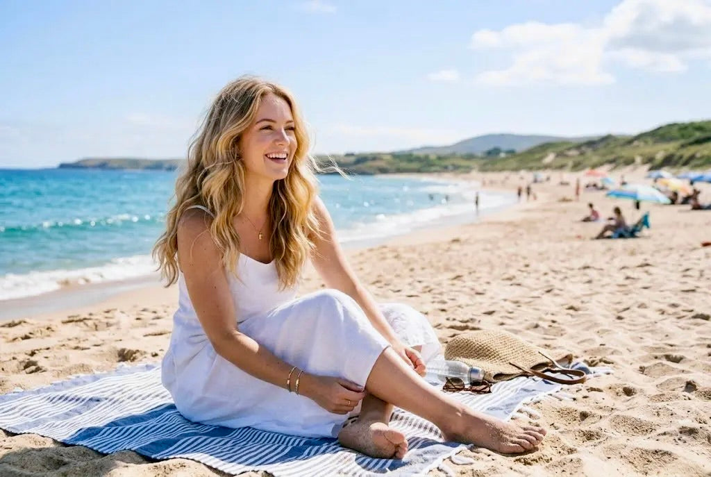 Woman protecting her hair from the sun at the beach in summer — Kija Hair Salon