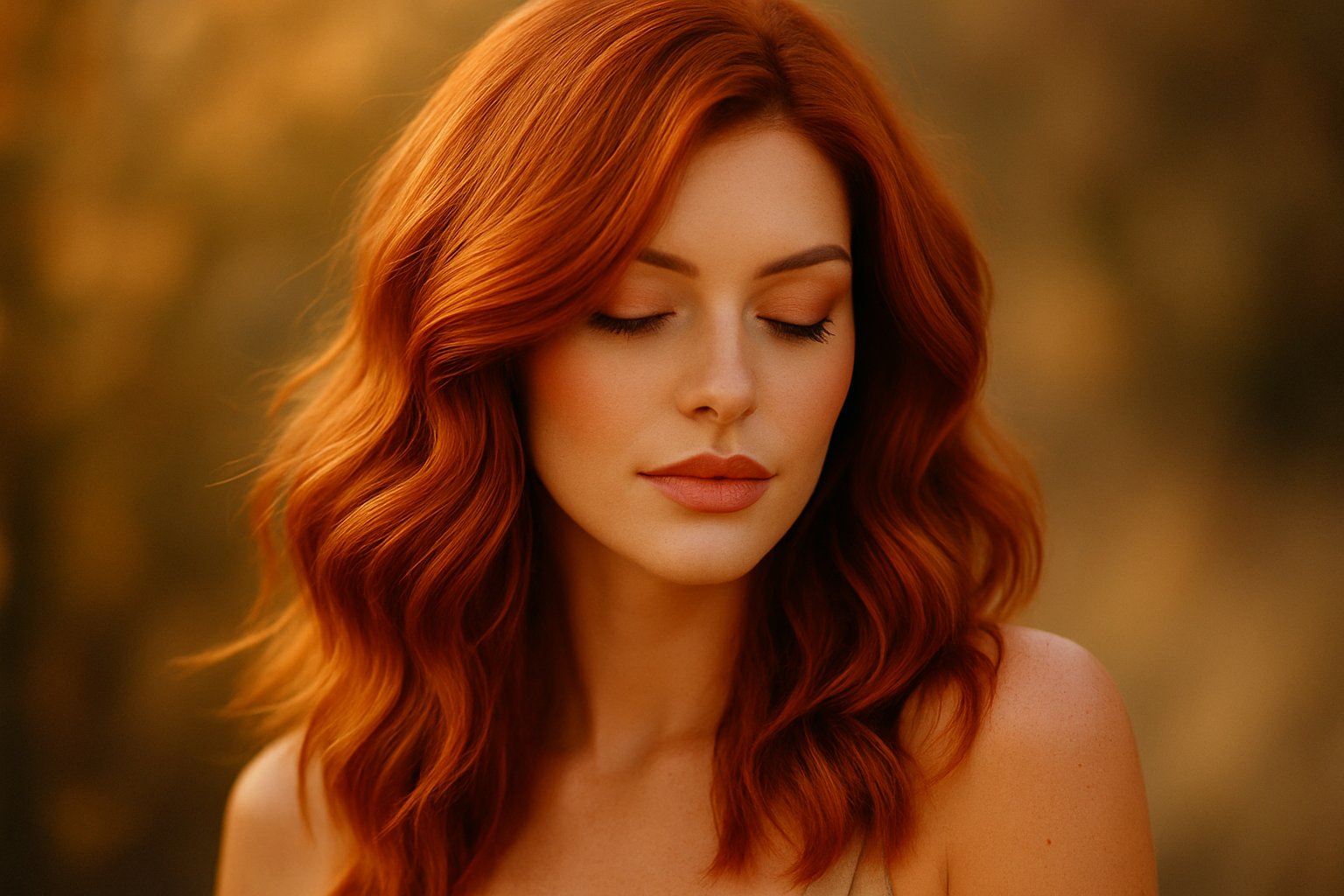 Woman with radiant copper-red wavy hair glowing in warm sunlight, showcasing 2025’s trending warm hair color shades.
