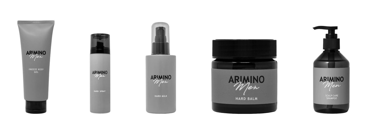 Arimino Men styling range - Freeze Keep Gel, Hard Spray, Hard Milk, Hard Balm and Scalp Care Shampoo at Kija Hair Salon