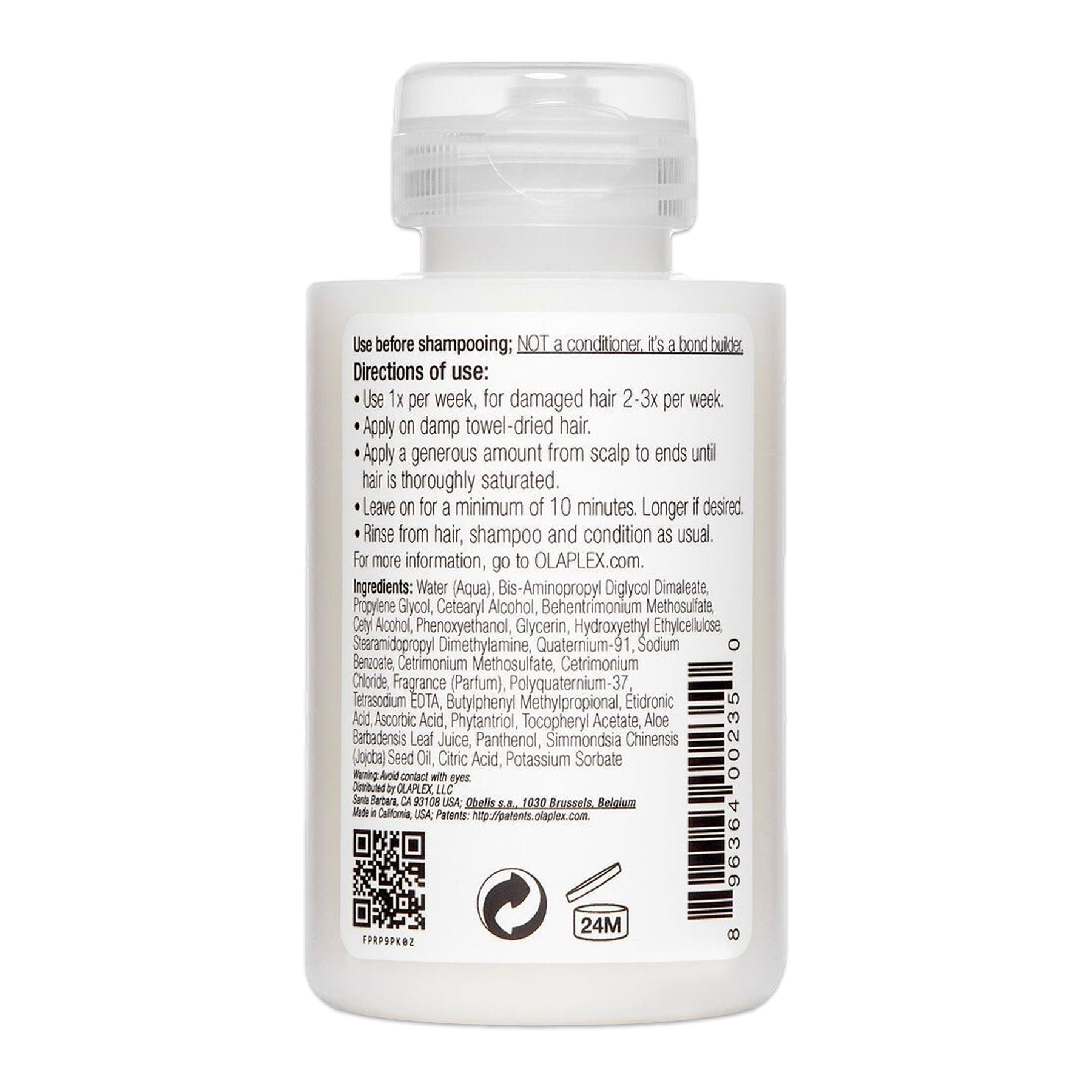 Back facing of Olaplex No. 3 Hair Perfector, 3.3 Fluid Ounces / 100 Milliliters.