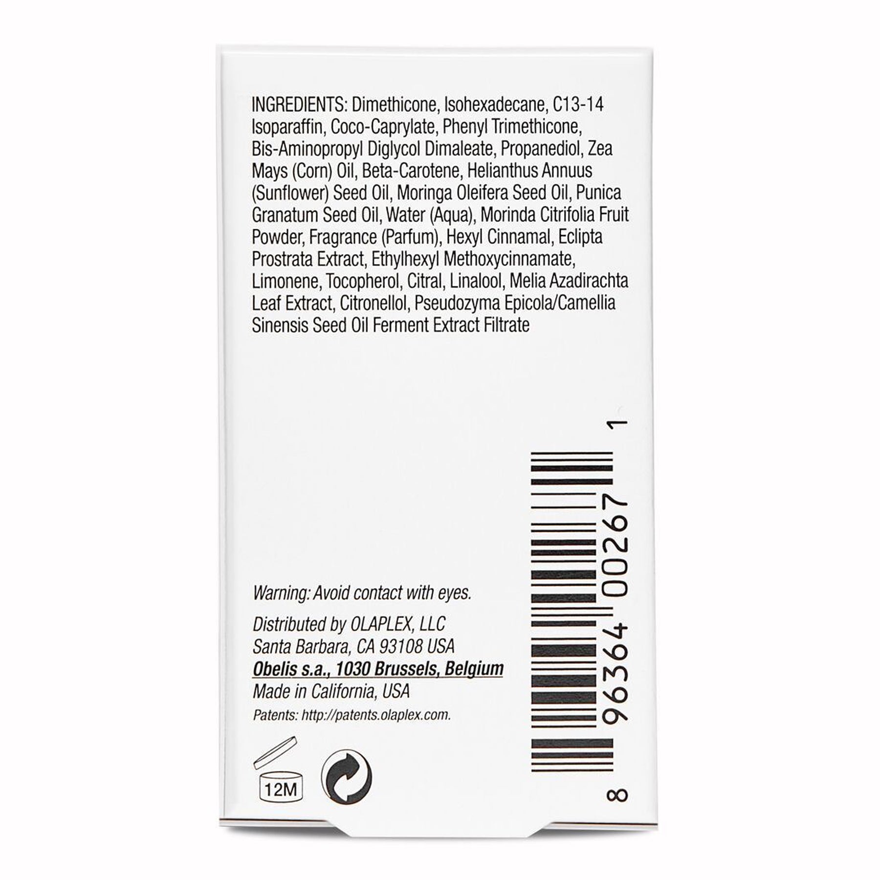 A back-facing box of Olaplex No. 7 Bonding Oil, 1 Fluid Ounces / 30 Milliliters.