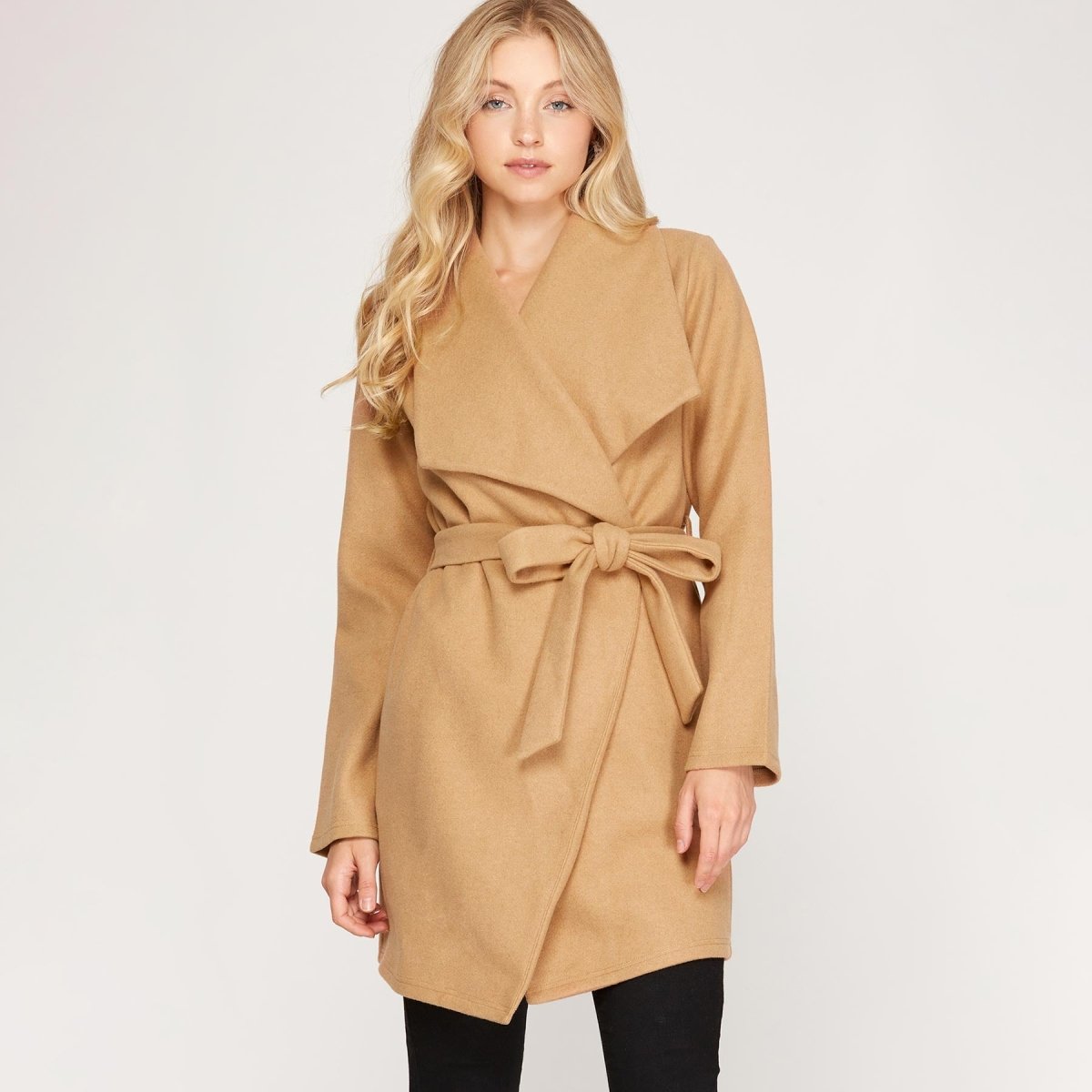 She + Sky Long Sleeve Knit Wrap Front Felt Woven Coat with Waist Tie - Kija Hair Salon