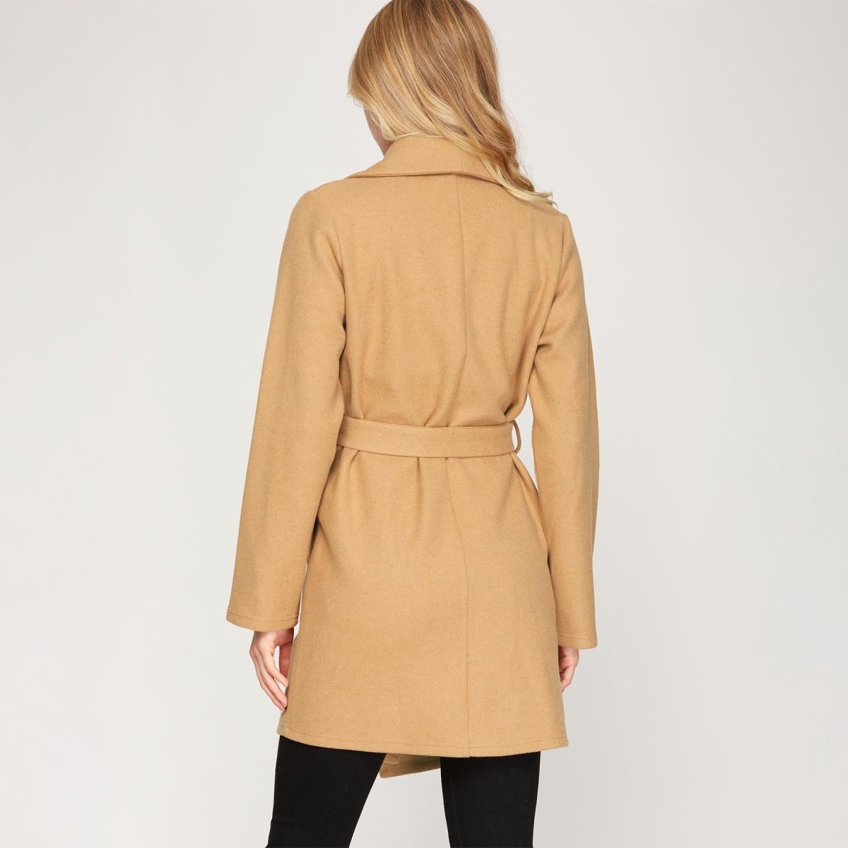 She + Sky Long Sleeve Knit Wrap Front Felt Woven Coat with Waist Tie - Kija Hair Salon