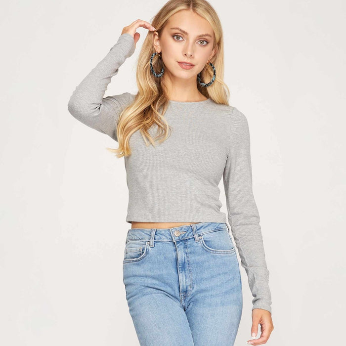She + Sky Long Sleeve Rib Knit Crop Top - Kija Hair Salon