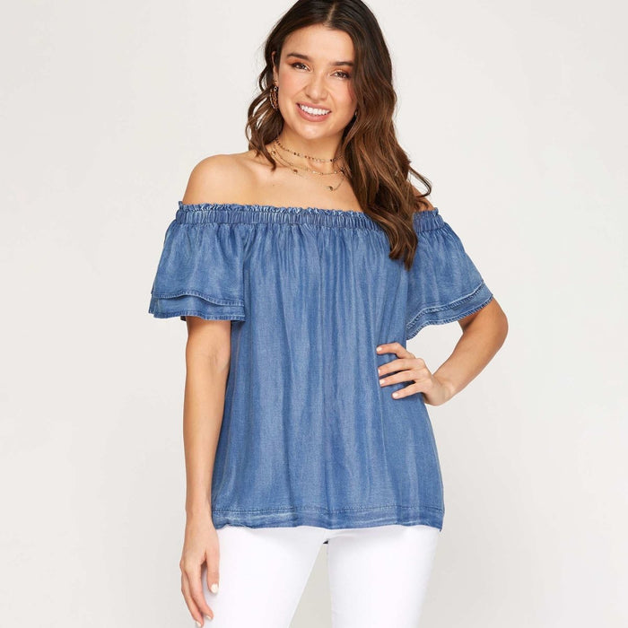 She + Sky Off the Shoulder Woven Chambray Top with Flutter Half Sleeve - Kija Hair Salon