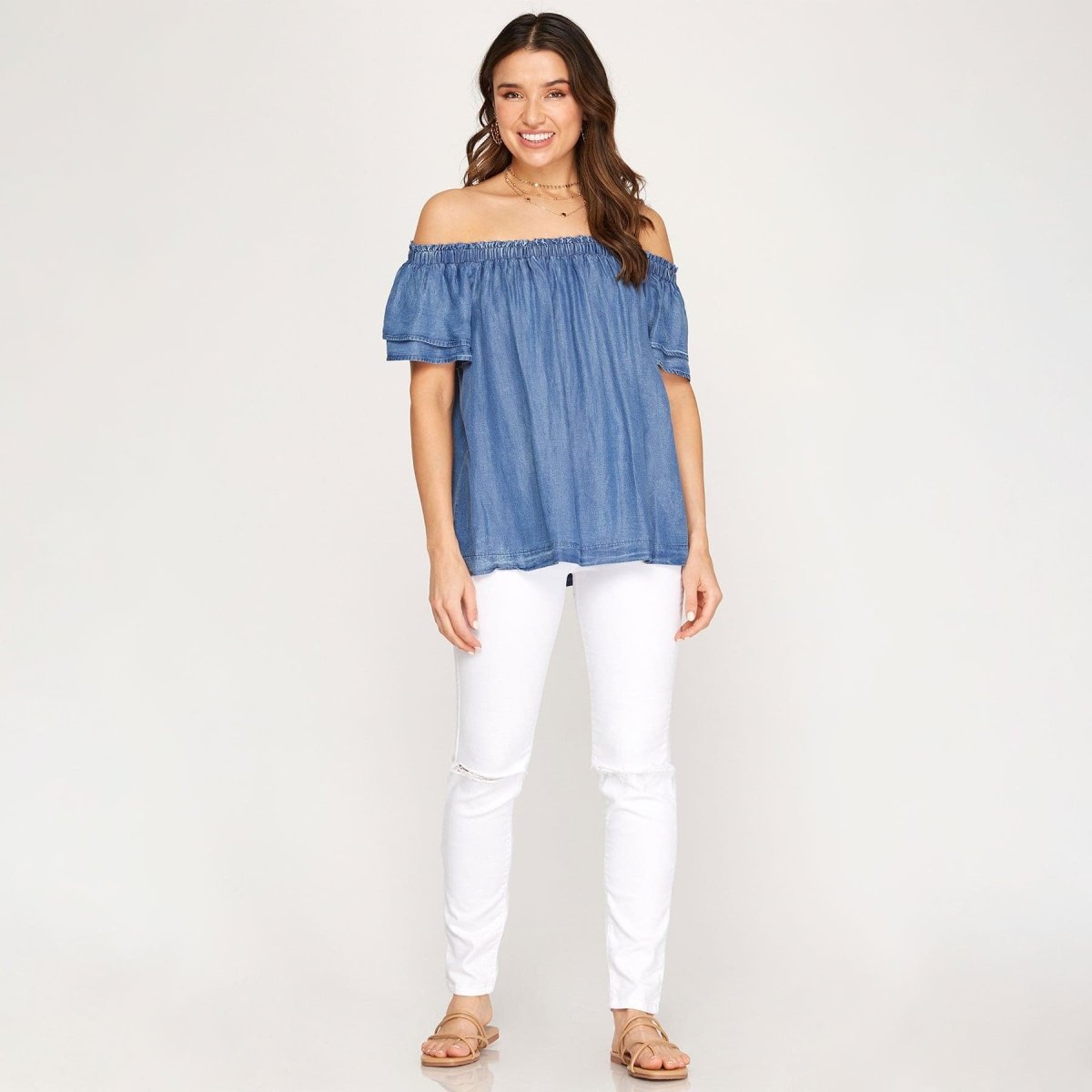 She + Sky Off the Shoulder Woven Chambray Top with Flutter Half Sleeve - Kija Hair Salon