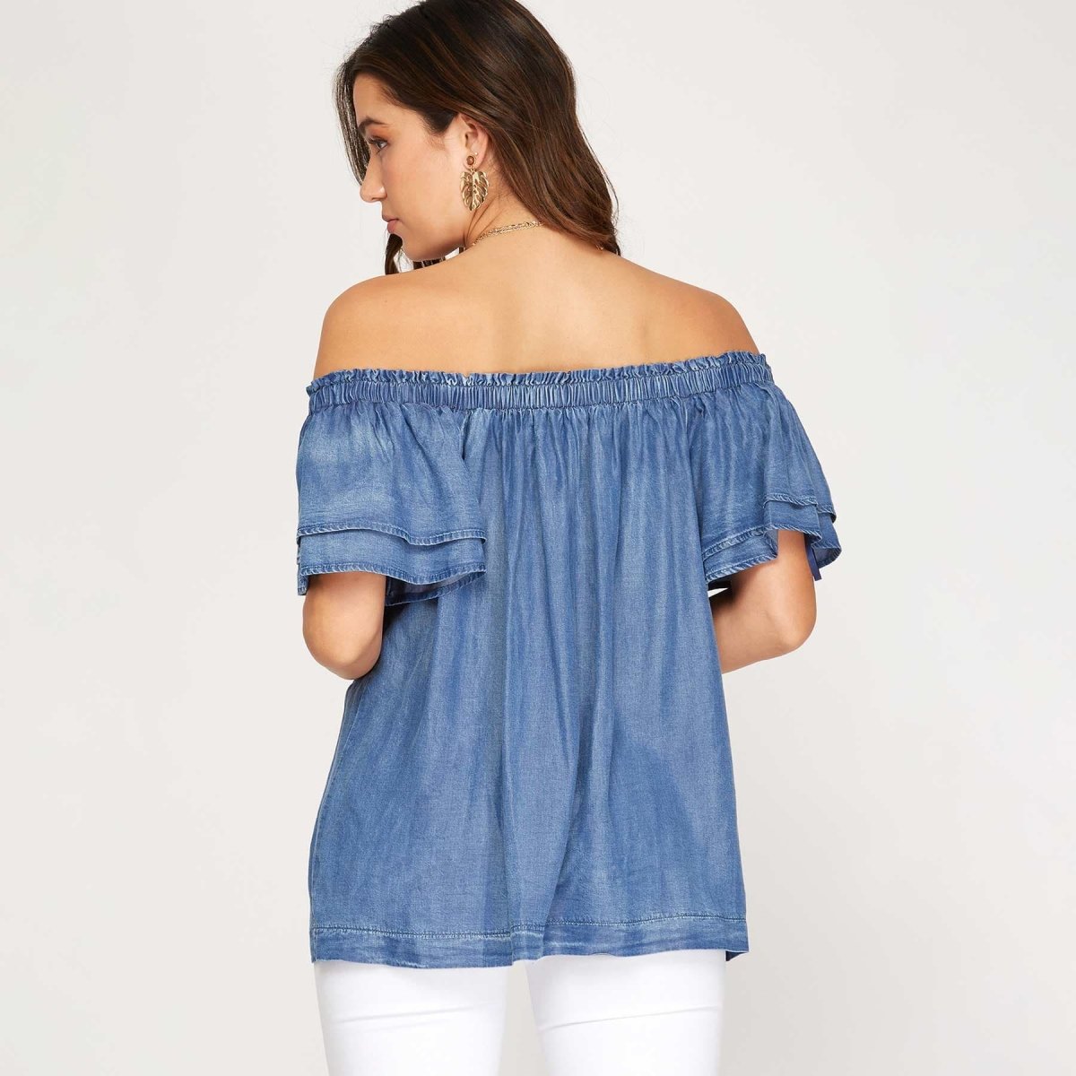 She + Sky Off the Shoulder Woven Chambray Top with Flutter Half Sleeve - Kija Hair Salon