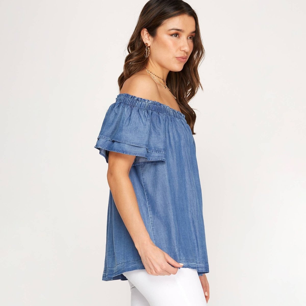 She + Sky Off the Shoulder Woven Chambray Top with Flutter Half Sleeve - Kija Hair Salon