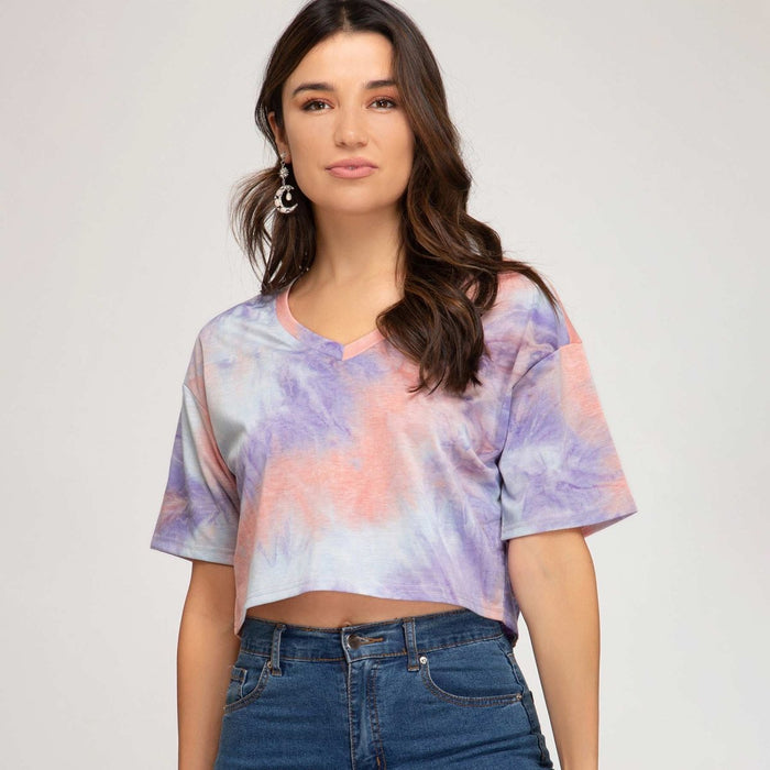 She + Sky V-Neck Tie-Dyed Crop Top - Kija Hair Salon