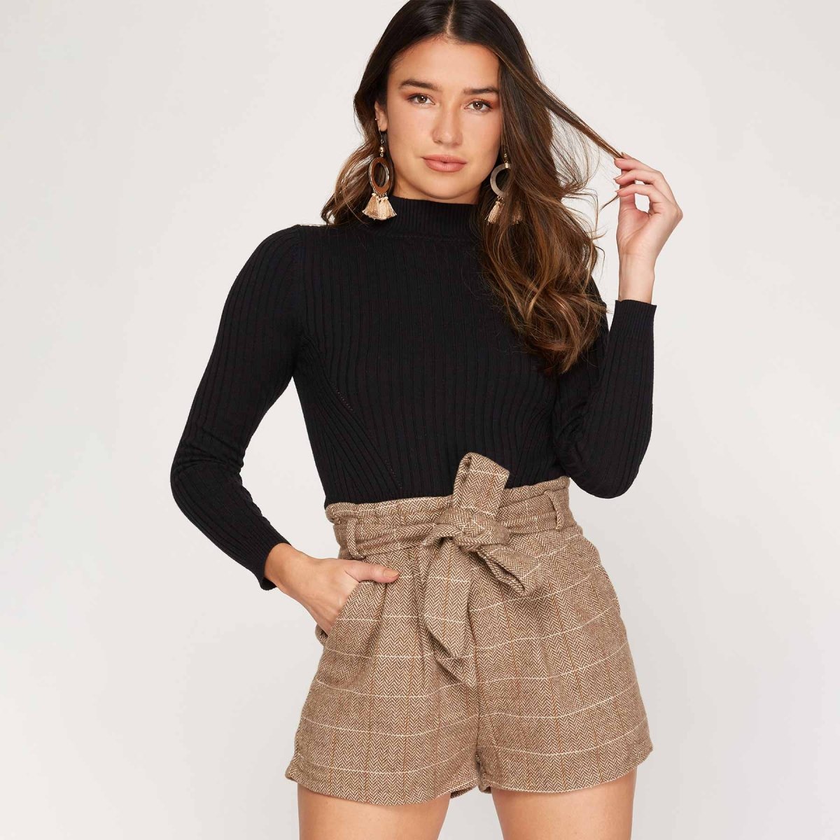 She + Sky Woven Herringbone Paper Bag Shorts with Waist Sash and Pockets - Kija Hair Salon